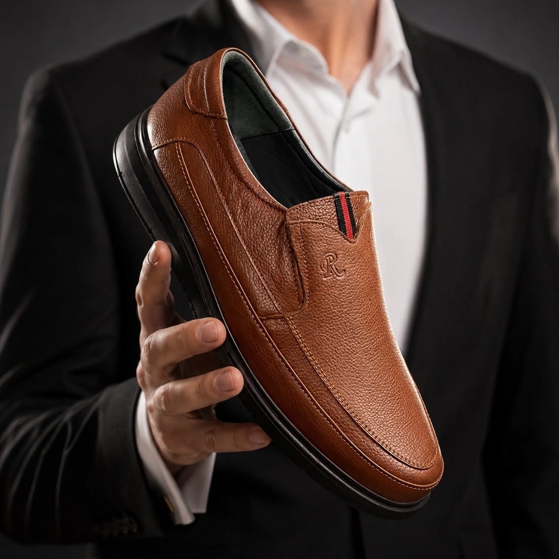کفش راحتی مردانه سایز بزرگ چرم مدل Slip-On قهوه ای کلاسیک